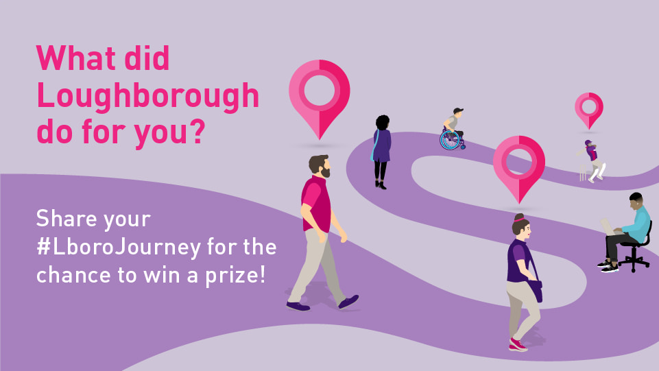 Six people at different points along a winding purple path alongside the text 'What did Loughborough do for you?', 'Share your #LboroJourney for the chance to win a prize!'.